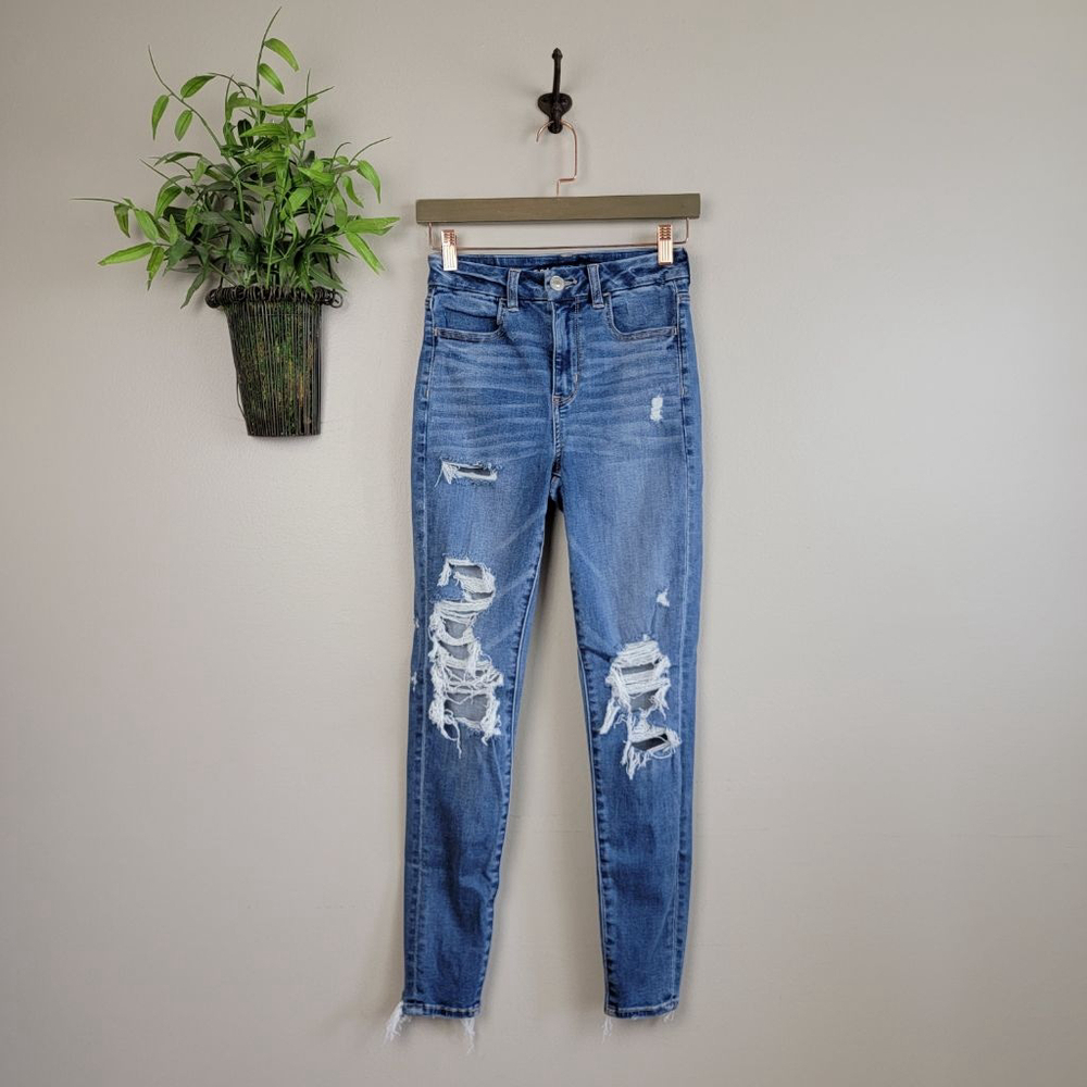 American Eagle Curvy Hi Rise Jegging Medium Wash Distressed Skinny Jeans AE 2